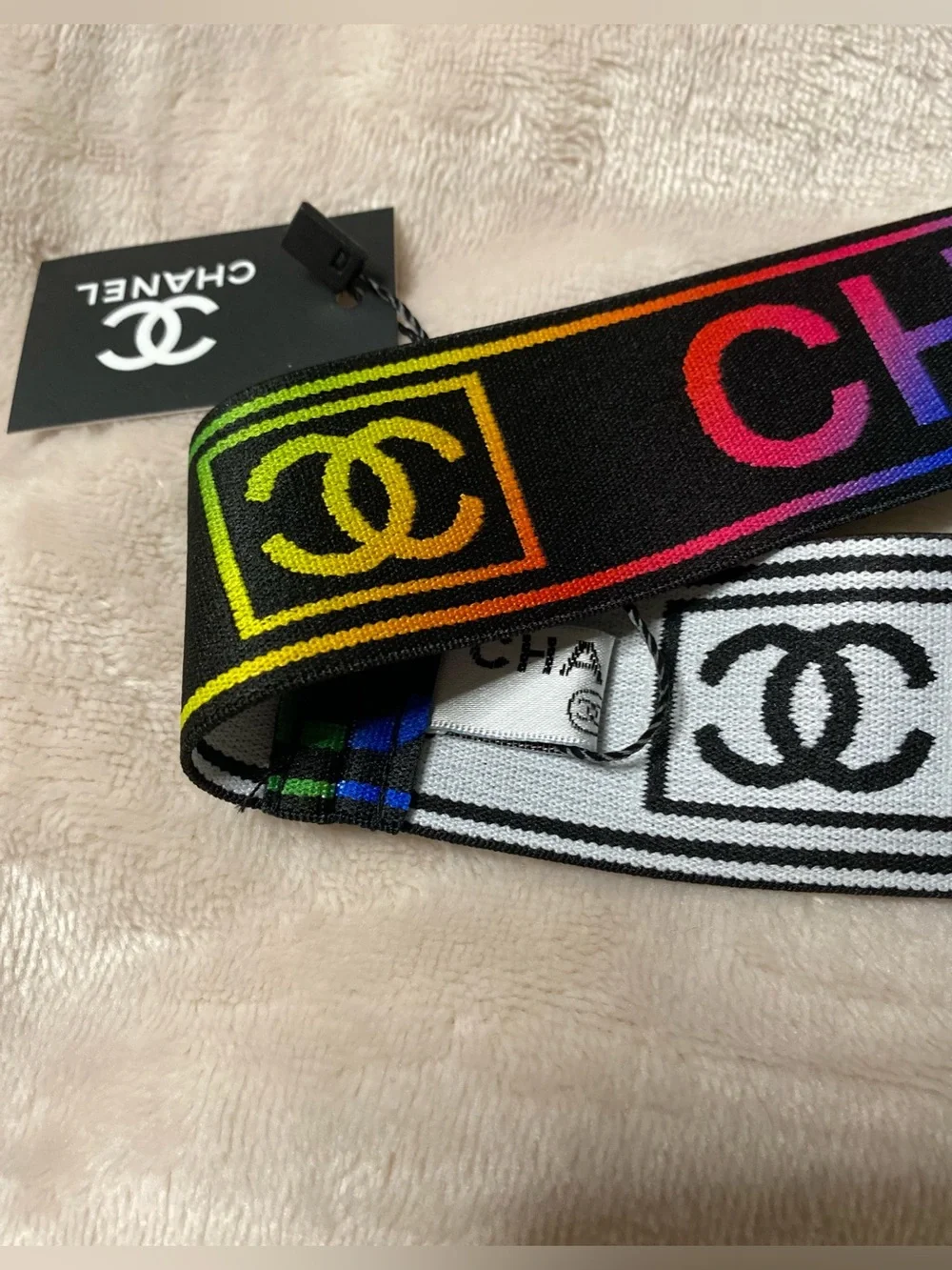 ChaneI Black with Multi-Color Stretch Logo Spellout-Out Headband
